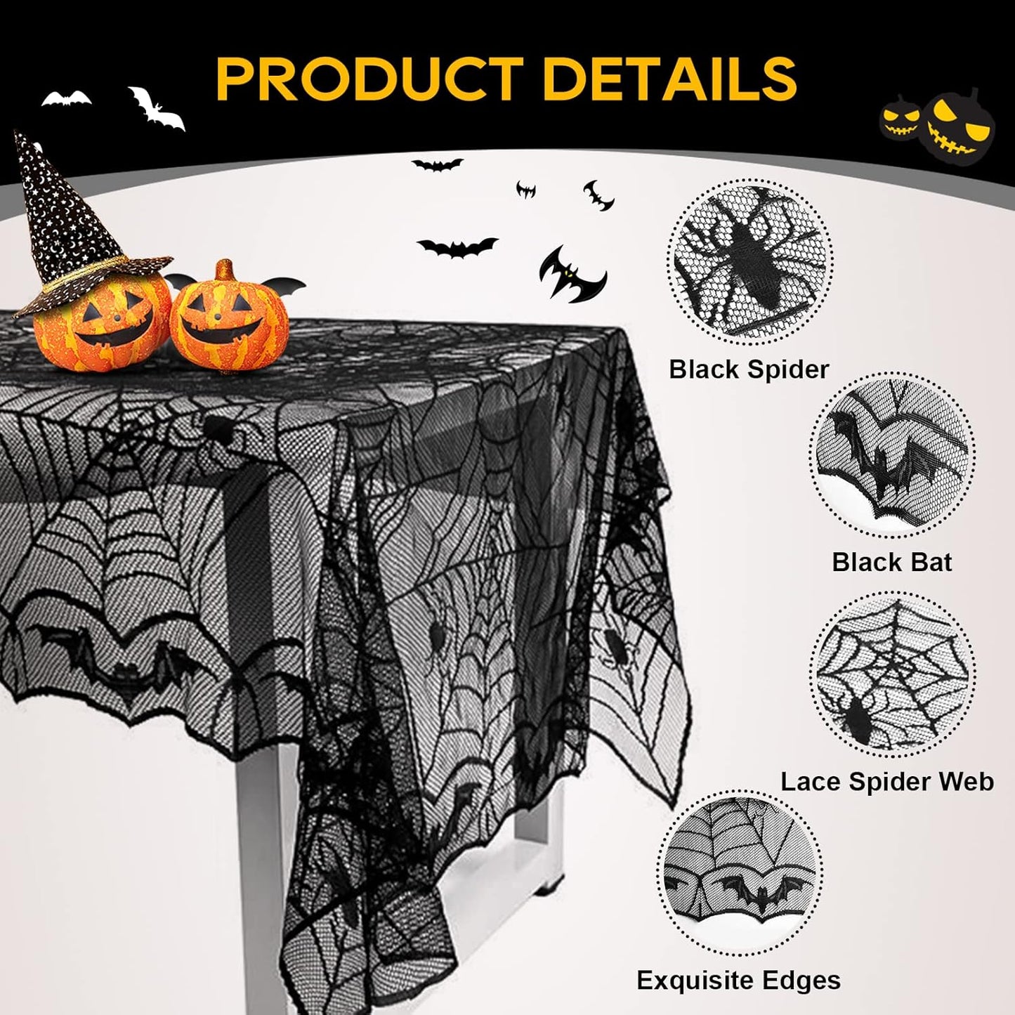 eZAKKA Halloween Table Cloth, Spider Web Table Cloth Black Tablecloth Lace Fabric Table Cloths Halloween Table Cover for Rectangle for Parties Gothic Spooky Home Decorations, 48x96 Inch