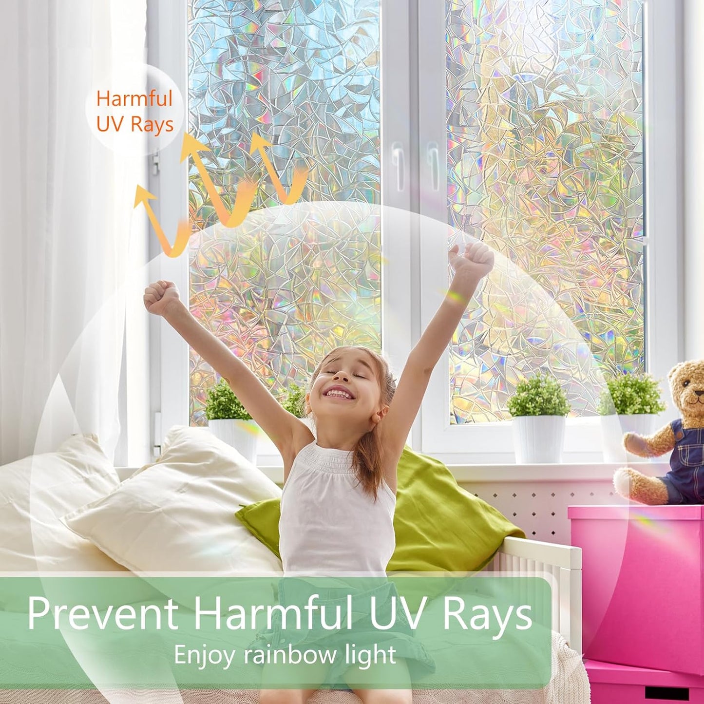 HIDBEA Window Privacy Film Static Clings, Rainbow Window Film, 3D Decals Non-Adhesive Window Vinyl Film for Home Door, 17.3 Inch x 6.5 Feet