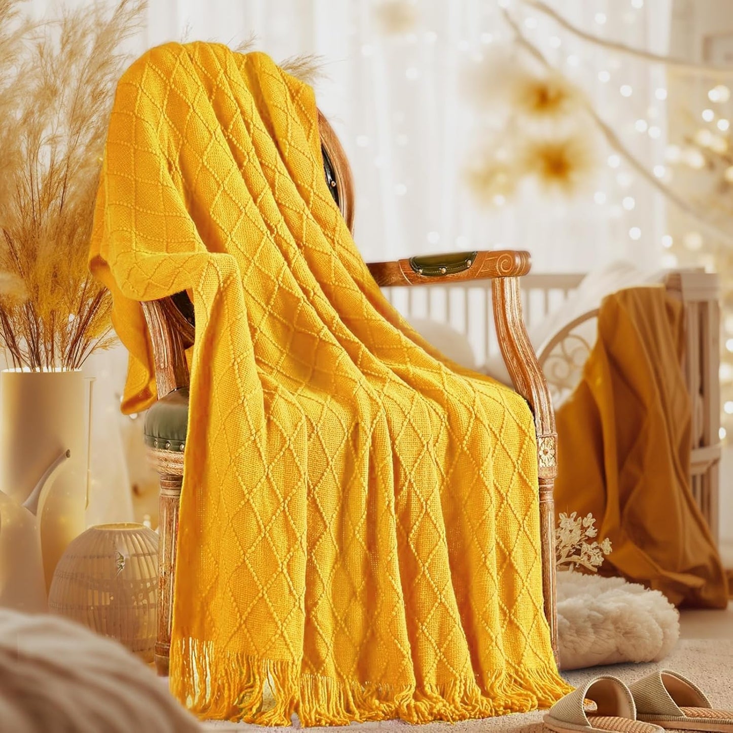 inhand Knitted Fall Throw Blanket for Couch and Bed, Knit Fall Decor Halloween Blanket with Tassel, Mustard Yellow Lightweight Decorative Farmhouse Warm Woven Blankets and Throws for Women, 60"x80"