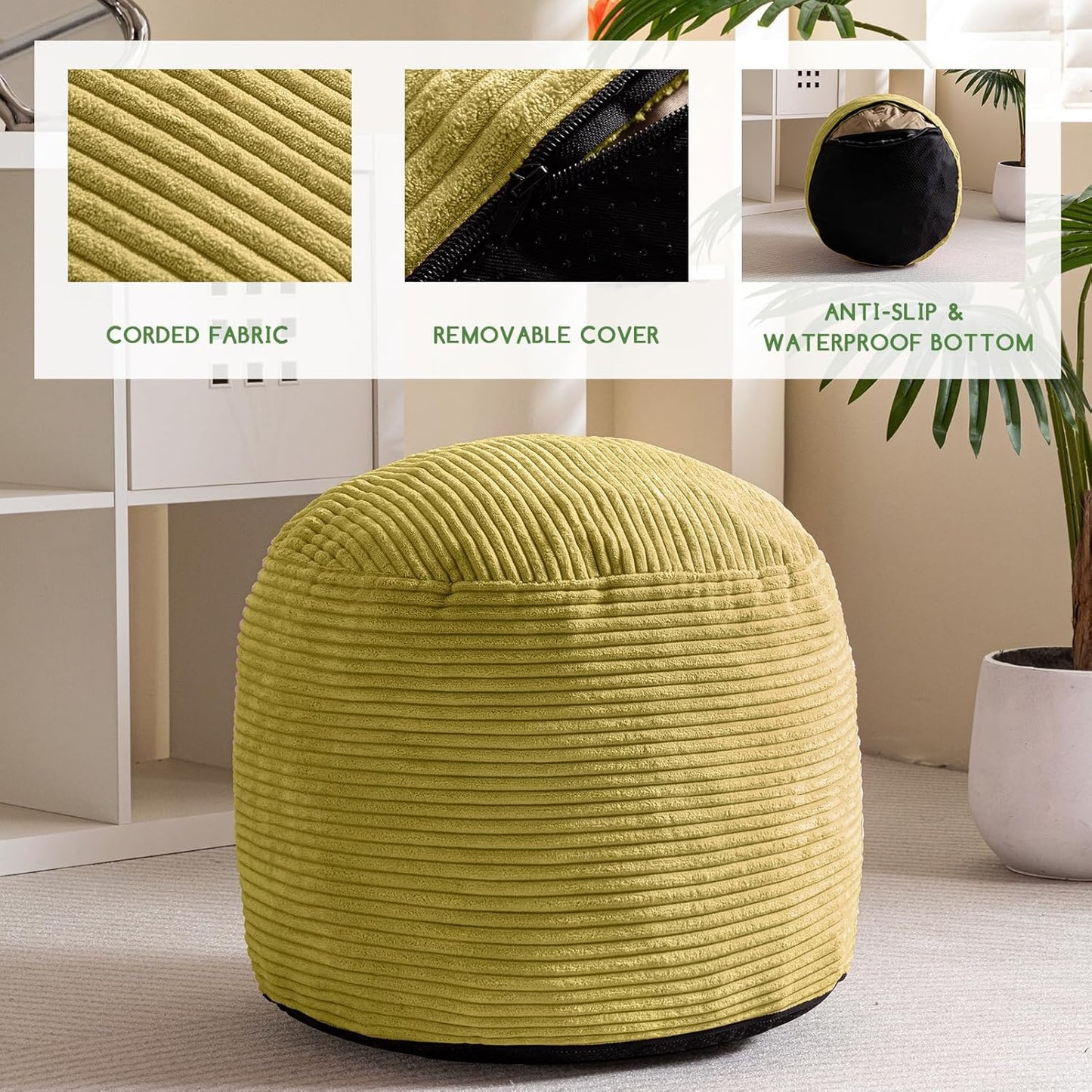 HIGOGOGO Round Stuffed Pouf Ottoman, Corduroy Poufs with Foam Chunk Filling, Furry and Fluffy Pouf Foot Stool Storage Ottoman, 20 X 15 Floor Poufs Foot Rest for Living Room, Green