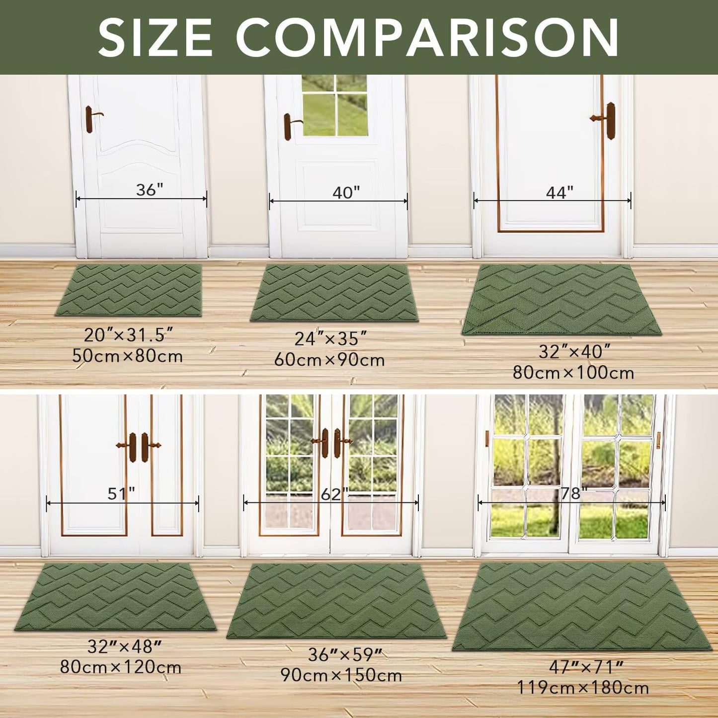 hicorfe Indoor Door Mat,Non Slip Door Mats,32"x48" Front Back Door Mat Rubber Backing,Absorbent Resist Dirt Entrance Inside Floor Mats for Entryway Washable Low-Profile(Green)
