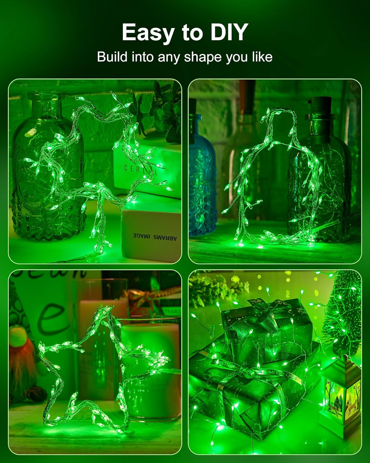 Fairy Lights Battery Operated, Twinkle String Lights Silver Wire 5 Feet 60 Led Firecracker Starry Lights for DIY Wreath Home Wedding Party Bedroom Mason Jar Holiday St. Patrick Decoration, Green