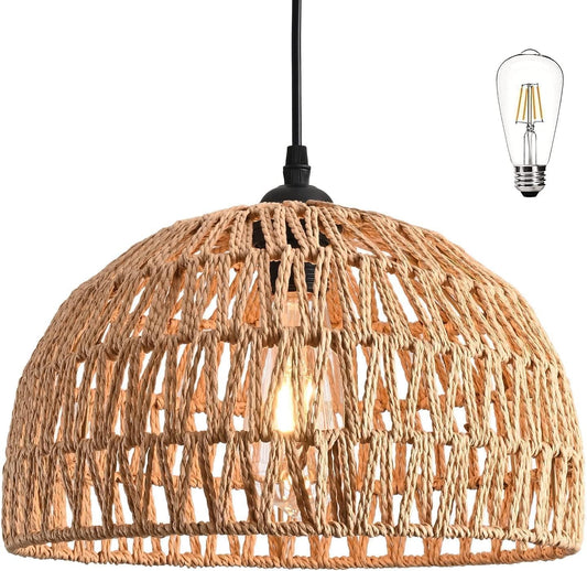 Hemp Rope Woven Pendant Light Woven Light Fixture Boho Chandelier Light Fixture Wicker Pendant Lights Rattan Lights Pendant Dome Wicker Chandelier for Dining Room Kitchen Island(Bulb Incl.