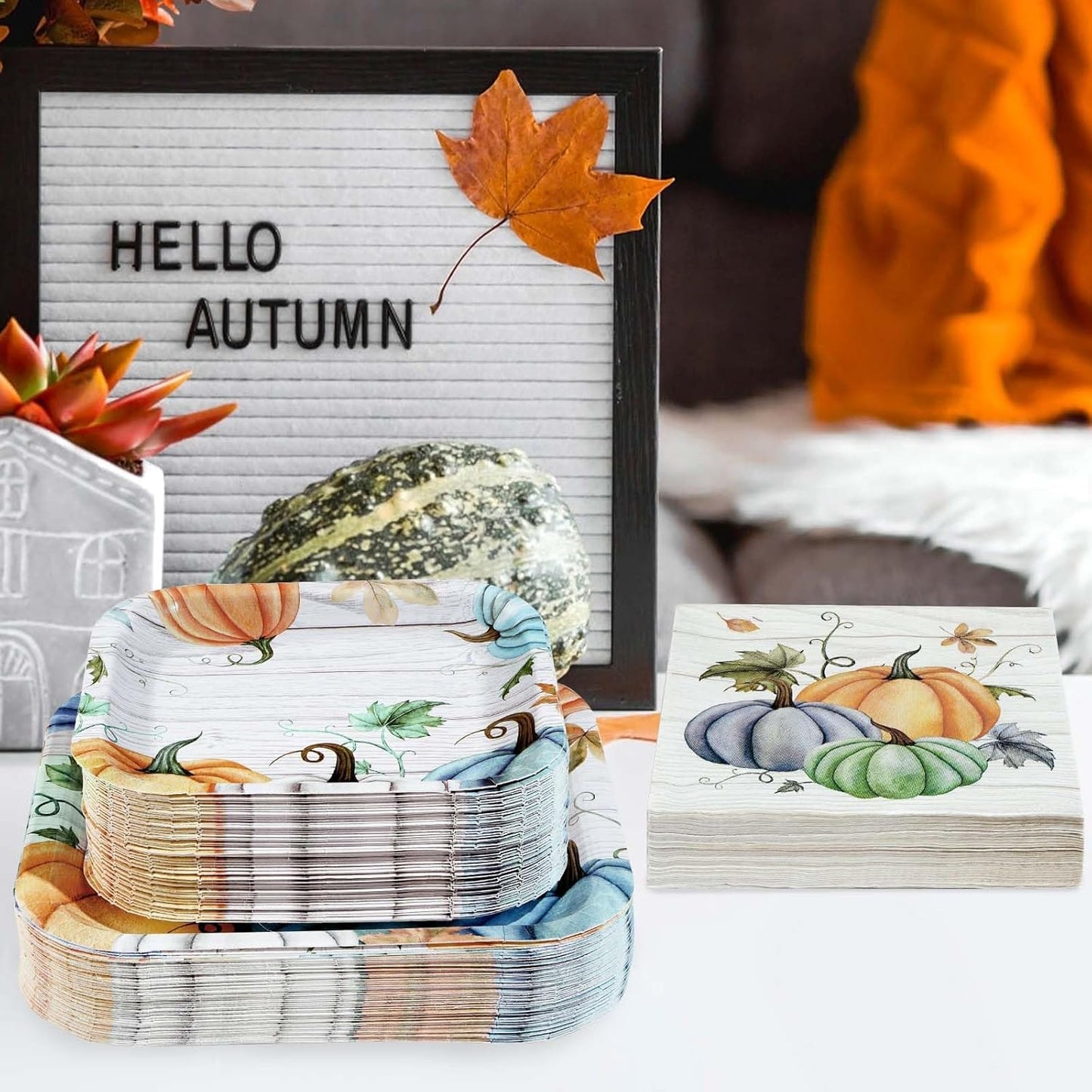 Grencian 200Pcs Fall Plates and Napkins Square Blue Pumpkins Plate Thanksgiving Paper Plates Pumpkin Wood Grain Dinnerware for Baby Shower Fall Harvest Family Thanksgiving Party Decorations, Serves 50