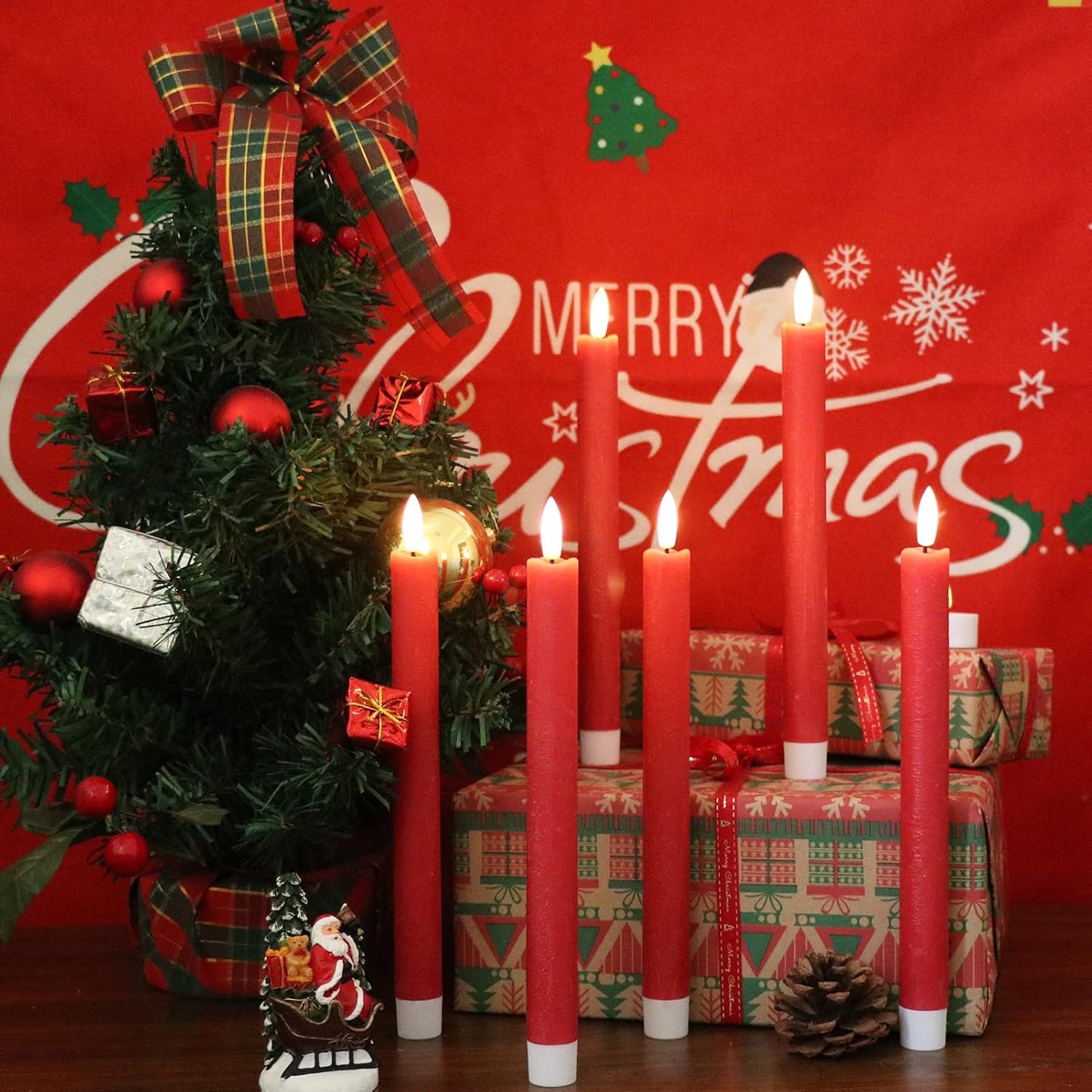 GenSwin Flameless Red Taper Candles Flickering with 10-Key Remote, Battery Operated Led Warm 3D Wick Light Window Candles Real Wax Pack of 6, Christmas Home Wedding Decor(0.78 X 9.64 Inch)
