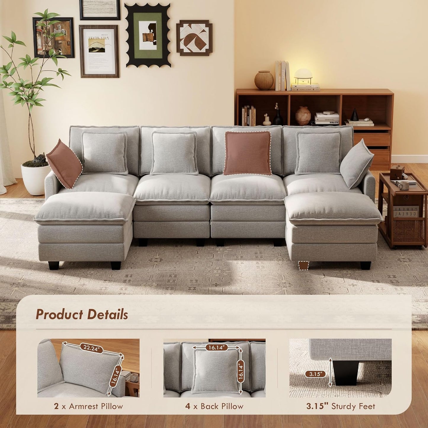 Ihanherry 106" L Shaped Modular Sectional Cloud Sofa, Modern 6 Seat Chenille Couch with Ottoman for Living Room, Bedroom and Apartment, Grey