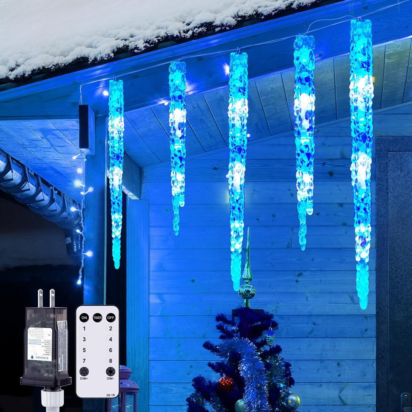Icicle Lights for Outside with Remote, 20ft 100 LED 20 Tubes Connectable Ice Shape Hanging Christmas Lights for Tree Patio Roof Holiday Decor, Blue and White