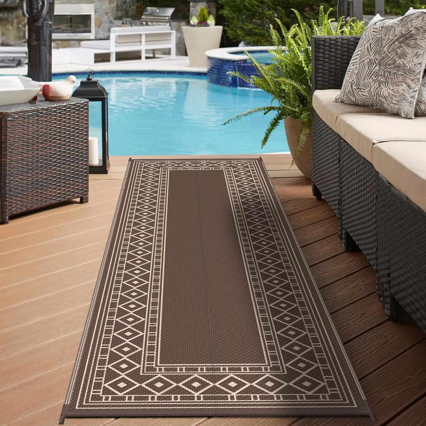 GENIMO Outdoor Rug Waterproof for Patio Decor, 2.5'x8' Foldable Reversible Plastic Straw Runner Rugs Carpet for Porch, Outside Area Mat for Rv, Deck, Picnic, Camper, Balcony, Coffee & Beige