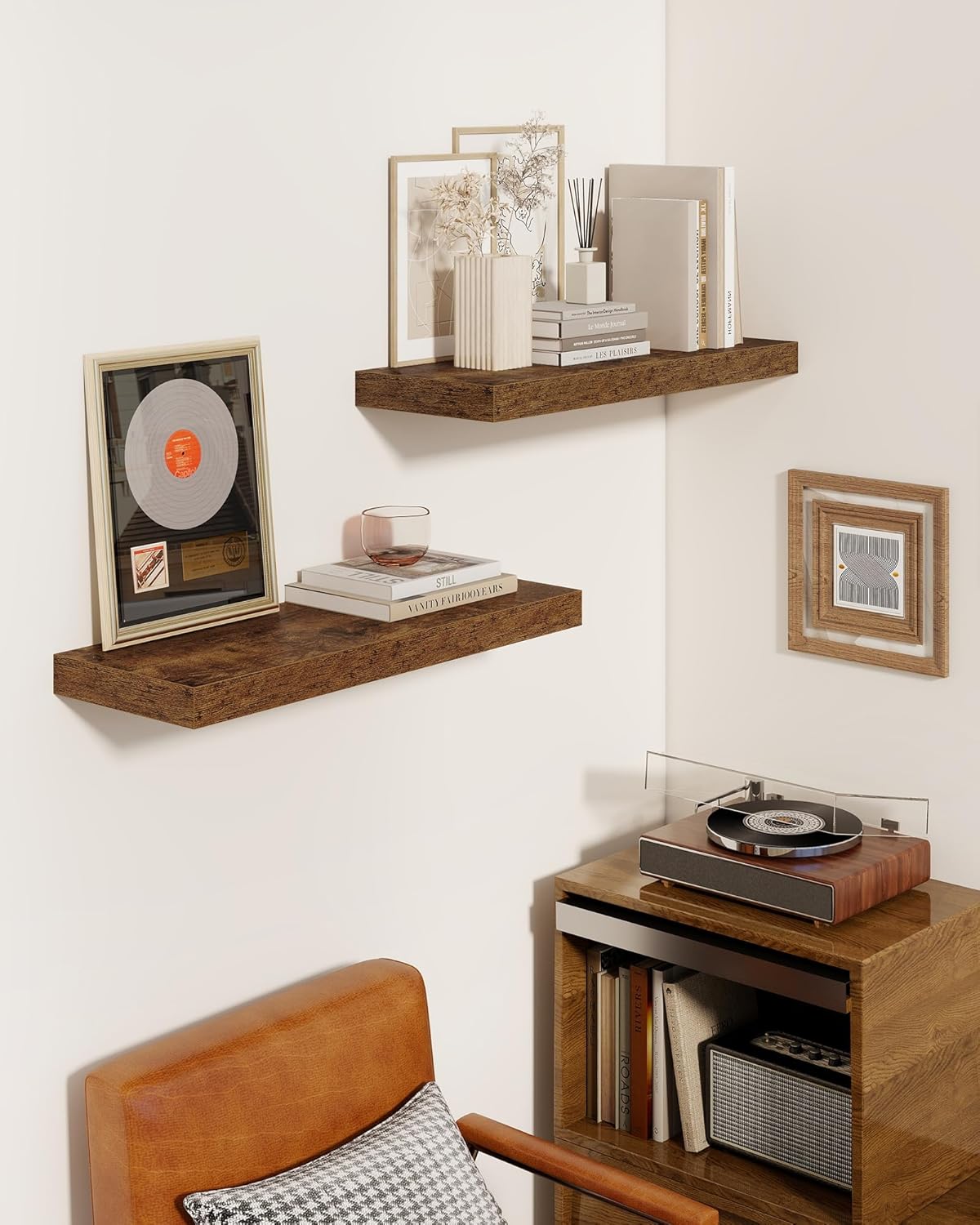 Marsmiles 16" Floating Shelves for Wall, Wooden Shelves with Invisible Brackets Set of 2, Rustic Farmhouse Wall Mounted Shelf for Kitchen Bathroom Living Room Study, Rustic Brown