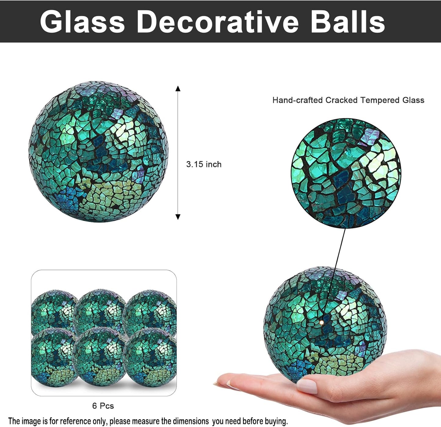6Pcs Decorative Ball for Bowls, 8cm/3.15inch Mosaic Glass Centerpiece Decoration Balls Mirror Glass Ball Fillers for Home Decor Dining Tables Wedding Party (Turquoise)