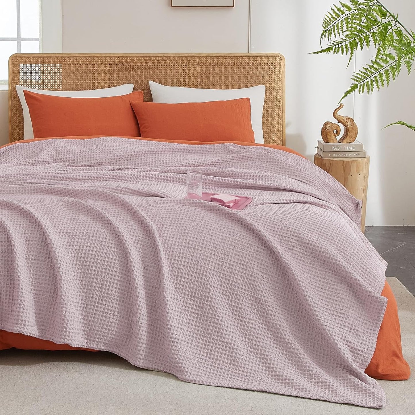 PHF Ultra Soft Waffle Weave Throw Blanket 50"x 60"- Washed Lightweight Breathable Cozy Woven Blanket for Bed - Aesthetic Decor for Couch Bedding Sofa Home Car - Dusty Rose