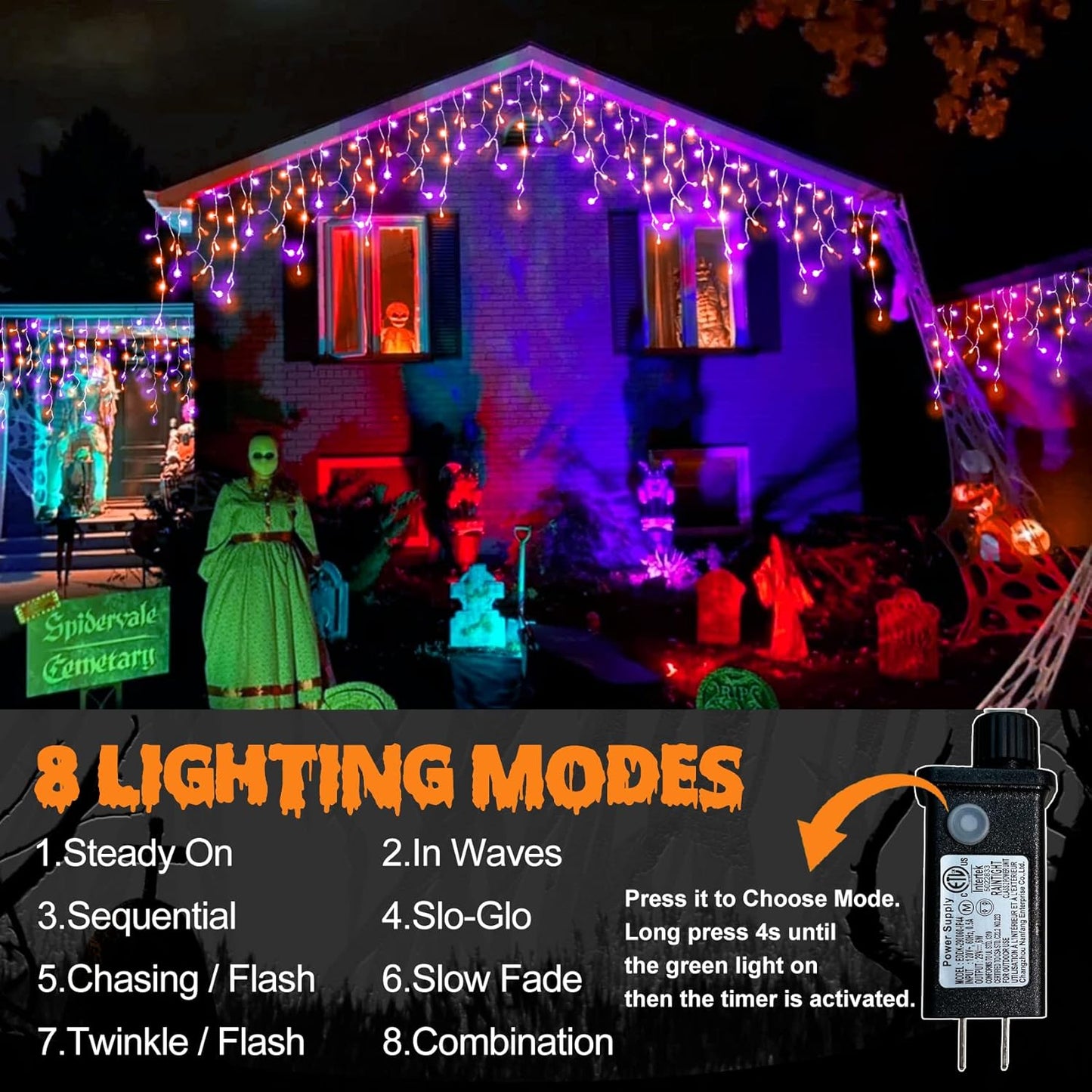 Halloween Icicle Lights Outdoor, 512 LED 46.5 FT 8 Lighting Modes with Timer & Memory, Curtain Fairy String Lights With 96 Drops for Halloween Decorations Holiday Party Eaves Yard (Purple & Orange)