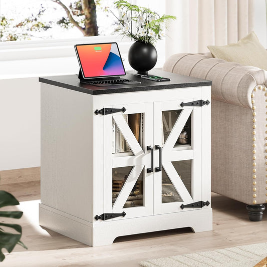 Farmhouse Side Table with Storage Cabinet, End Table with Adjustable Shelf, Large Night Stand, Wood Nightstand with Charging Station, 24" End Tables Living Room, Rustic Bed Side Tables Bedroom