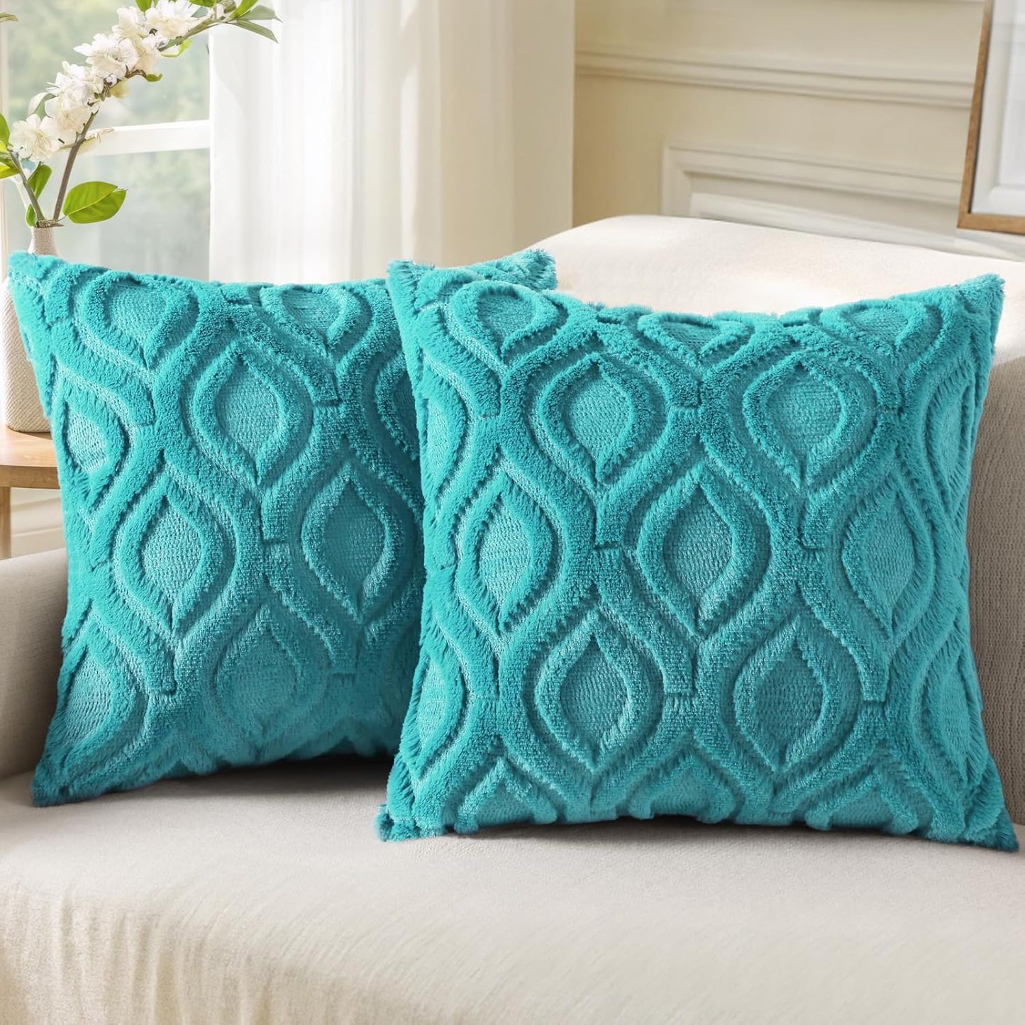 decorUhome Fall Throw Pillow Covers 24x24 Inch Set of 2, Soft Plush Decorative Faux Fur Turquoise Solid Couch Pillow Covers, Accent Farmhouse Neutral Square Euro Pillow Cases for Sofa Bed Living Room