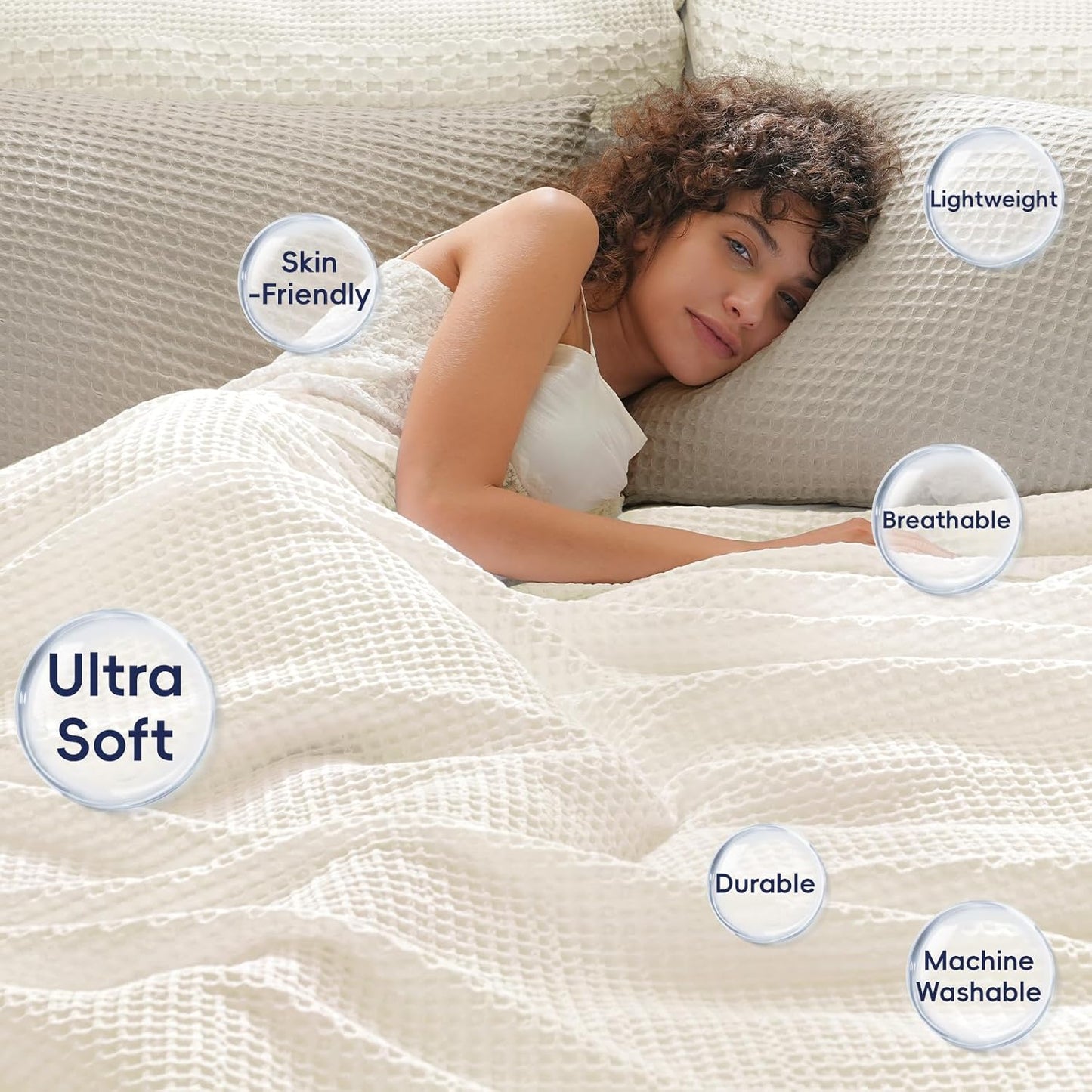 PHF Ultra Soft Waffle Weave Blanket Twin Size 66"x 90"- Washed Lightweight Breathable Cozy Woven Blanket for Bed - Aesthetic Decor for Couch Bedding Sofa Home Car - Coconut White