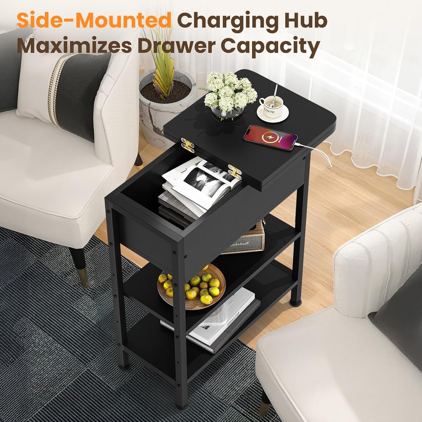 End Table with Charging Station, Flip Top Side Table with USB Ports and Outlets, 3-Tier Small Side Table with Storage for Small Space, End Tables for Living Room/Bedroom, Black