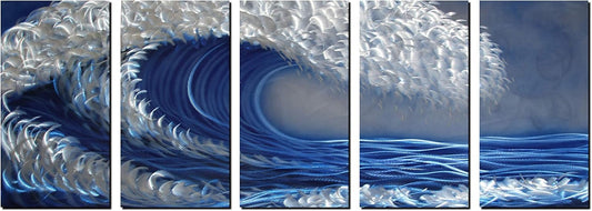Ocean Metal Wall Art, Handcrafted Abstract Metal Artwork, Large Scale Blue and Silver Wall Art, Unique 3D Aluminum Painting, Great for Indoor and Outdoor, 5-Panels Measures 64" x 24"