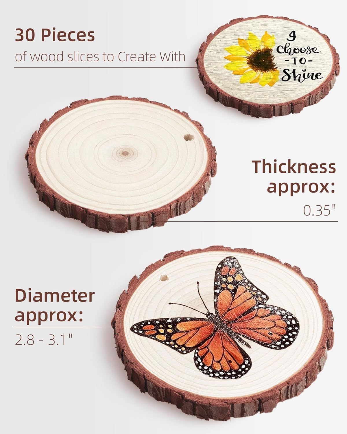Unfinished Wood Slices with Hole, Natural Wood Circles Blank with Bark for DIY Crafts, Home Decor, Christmas Ornament (30Pcs, 2.4-2.8 Inch)