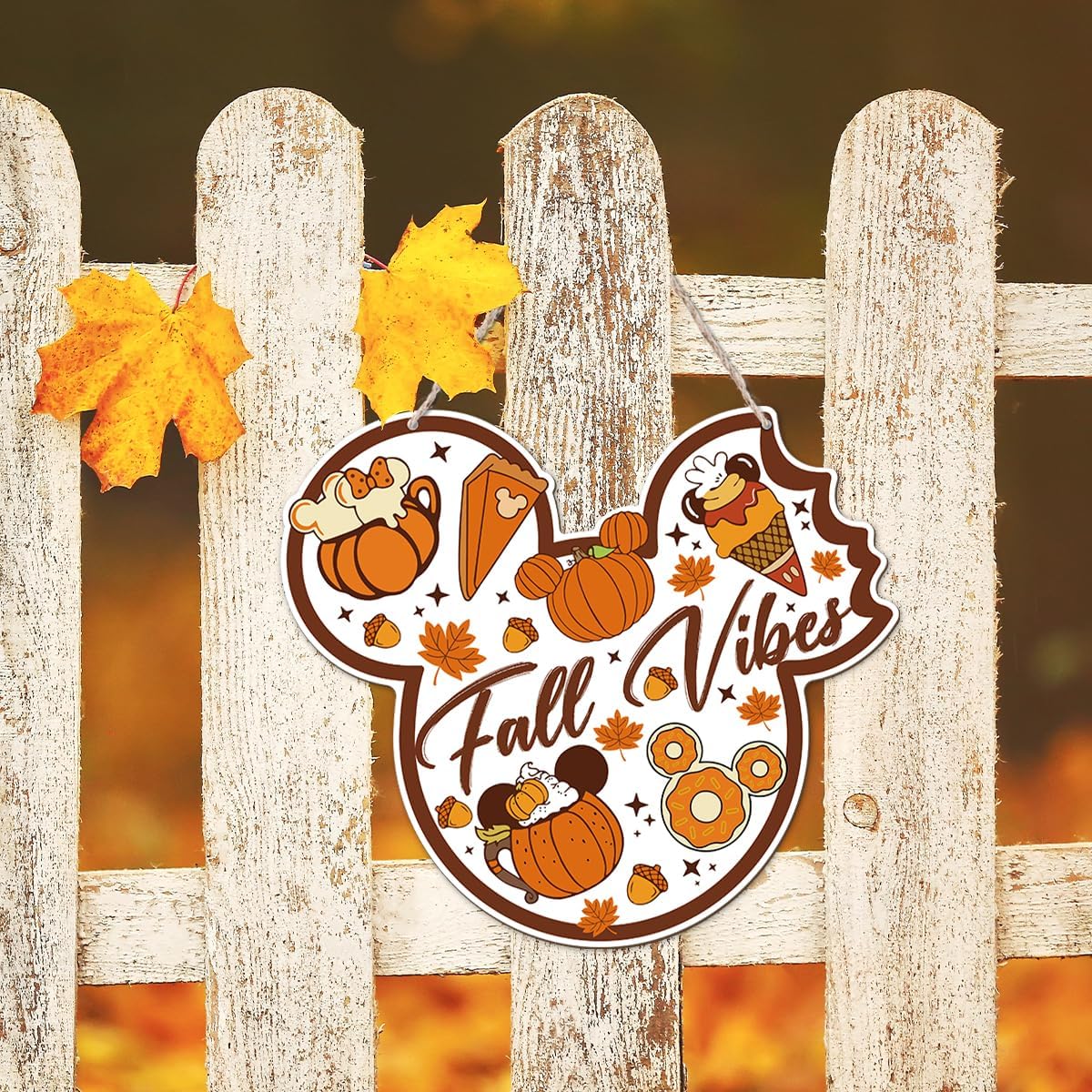 Fall Vibes Door Hanger, Fall Mouse Welcome Door Sign, Wooden Maple Leaves Mushroom Hanging Decor for Front Door, Fall Wood Wreath Wall Decors for Autumn Harvest Thanksgiving Home Decor