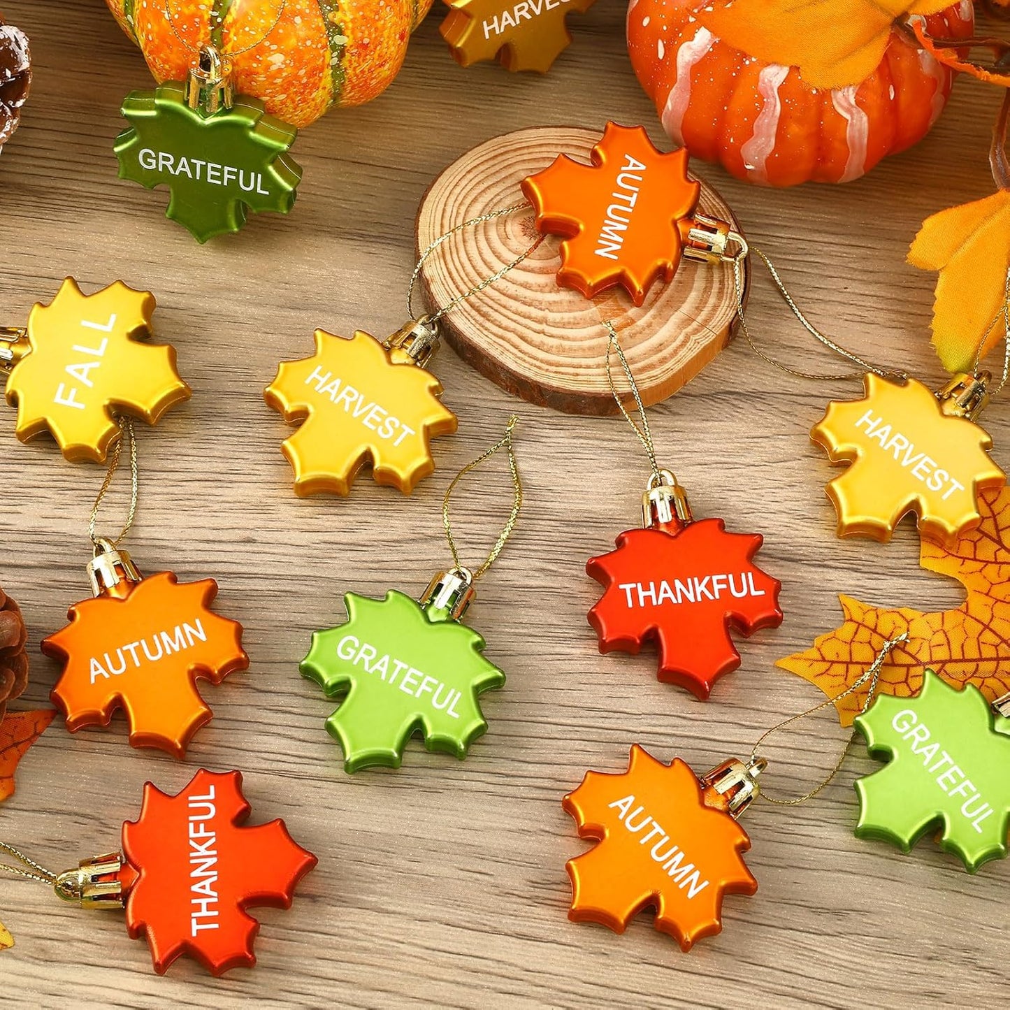 JULMELON 24Pcs Thanksgiving Ornaments, Fall LeavesTree Decorations Autumn Maple Hanging Ornaments with Rope Maple Pendant for Farmhouse Rustic Party Favors Craft Supplies