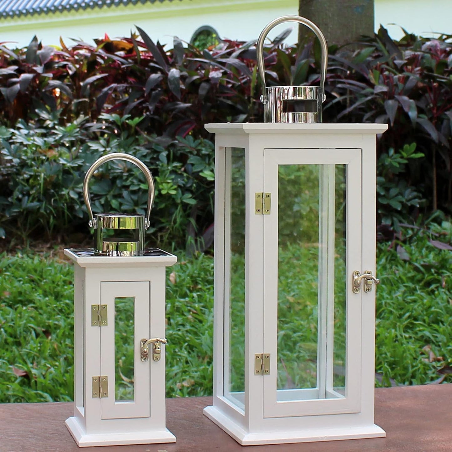 CVHOMEDECO. Decorative Elegant Wood Hurricane Candle Lantern with Stainless Top and Glass Inserts for Home Patio Outdoor Decor. White, Set of 2