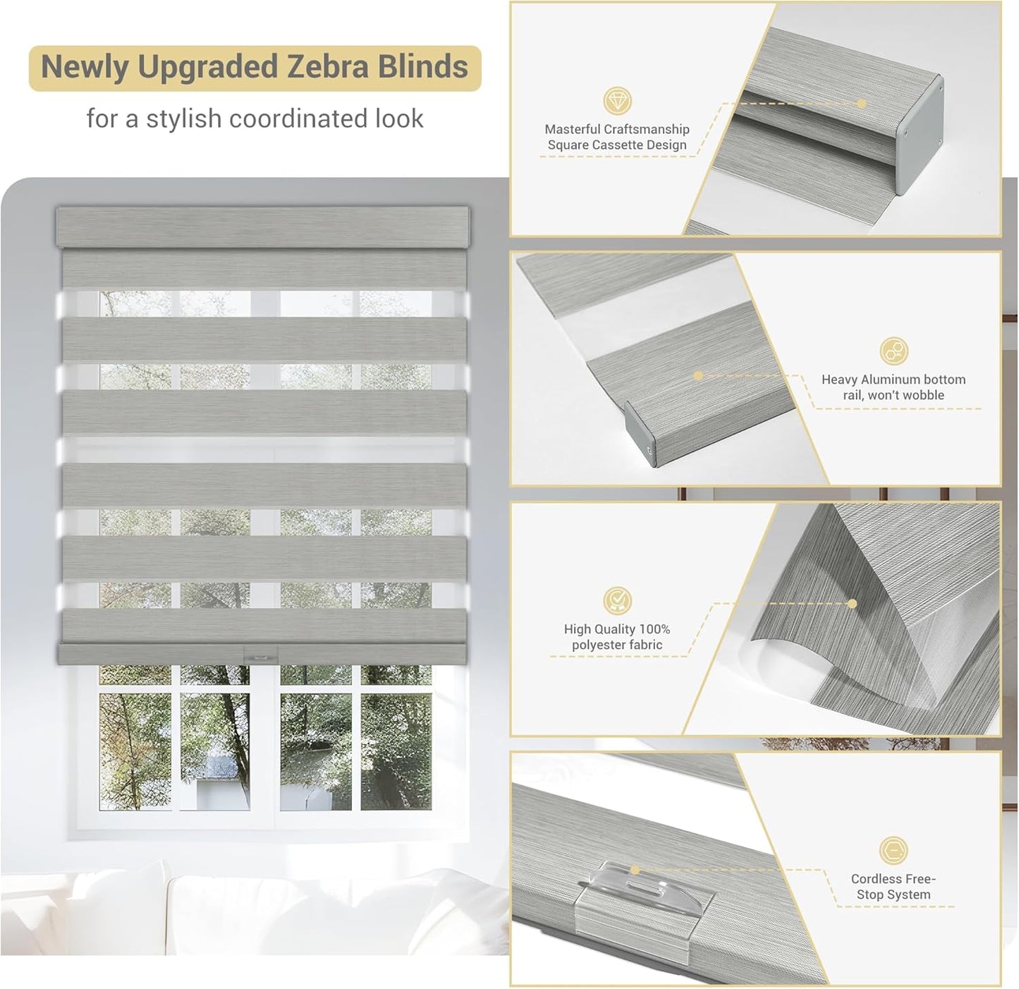 Cordless Zebra Blinds for Windows, Blackout Interior Blinds,Easy to Install,UV Protection,for Offices and Home,Custom Roller Shades, Mousse Light Grey,66" W x 88" H