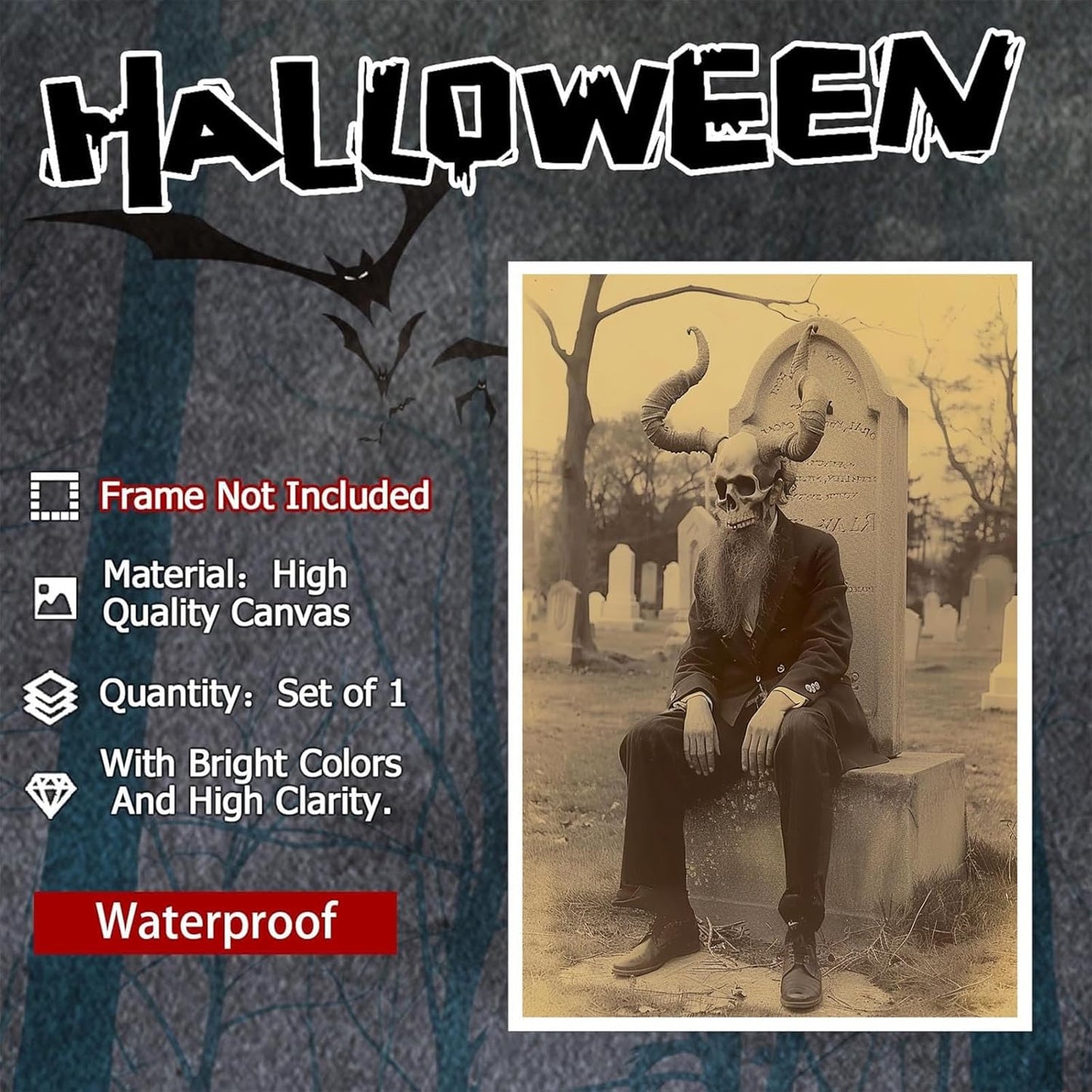 Skeleton Halloween Forest Occult Poster Vintage Spooky Canvas Wall Art Gothic Room Decor Dark Academia Bedroom Decorations Creepy Skull Prints Picture Aesthetic 16X24inch Unframed