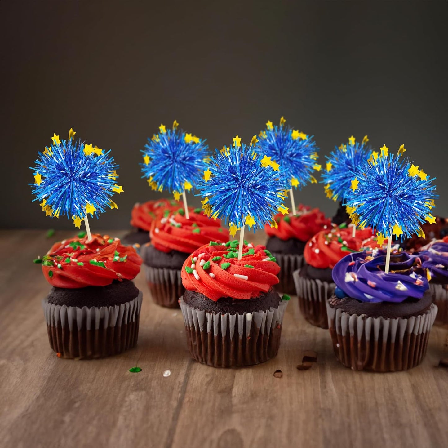 Ephlyn 30Pcs Foil Firework Cupcake Toppers Firework Cake Toppers Tinsel Flower Drink Stirrers Cocktail Food Fruit Toothpicks for Valentine's Day Party Decorations Blue
