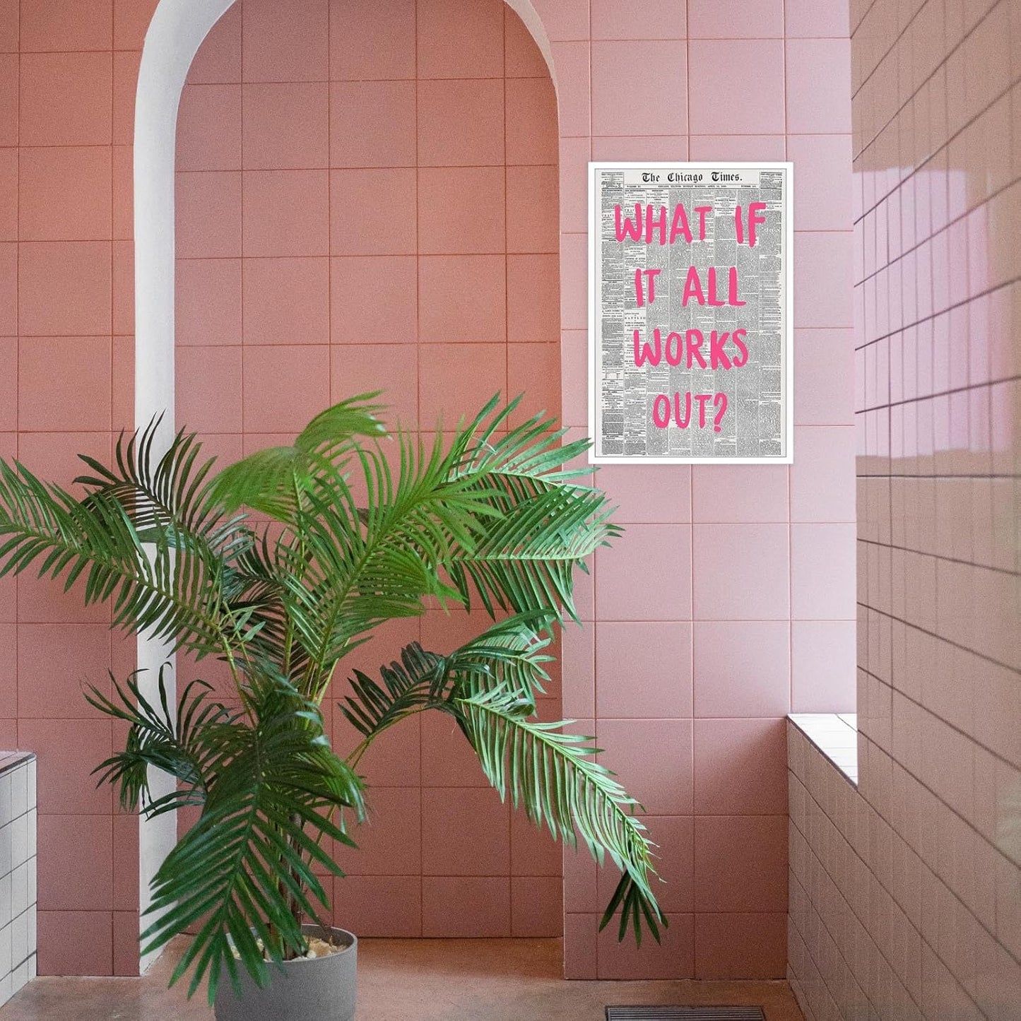 Liyark Retro Trendy Newspaper Canvas Wall Art - 'What If All Works Out' Poster - Positive Affirmation Quote - Pink Font - Minimalist Home Decor - 24x36in Unframed