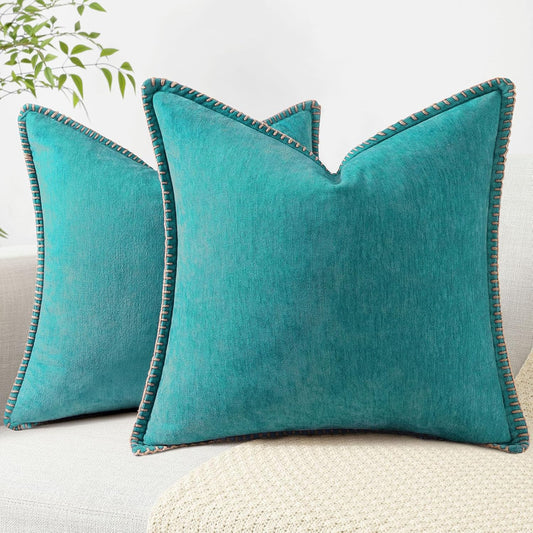 decorUhome Chenille Soft Throw Pillow Covers 18x18 Set of 2, Farmhouse Velvet Neutral Decorative Euro Pillow Covers with Stitched Edge for Couch Sofa Bed Home Decor, Turquoise