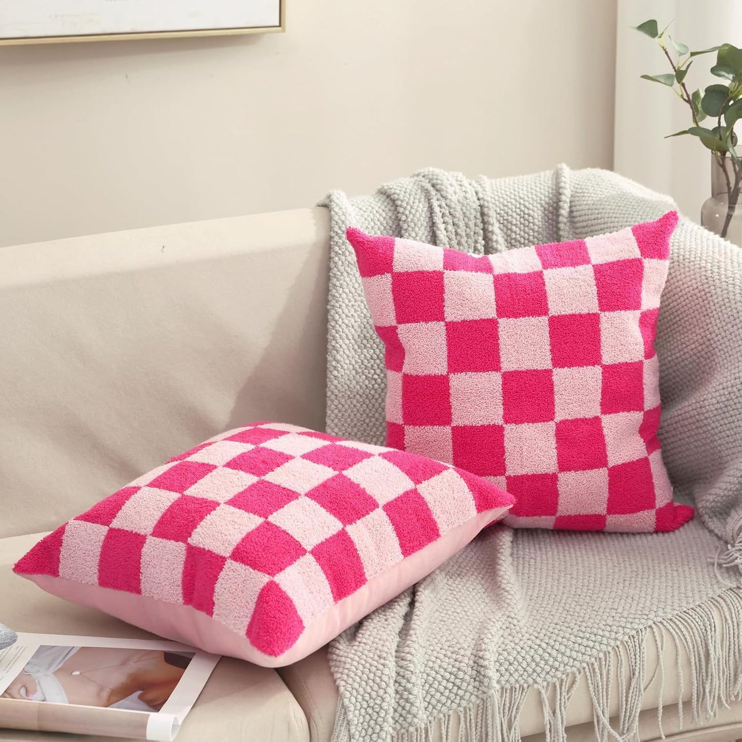 Alysheer Checkered Embroidered Decorative Throw Pillow Covers 18"x 18" Set of 2, Farmhouse Cottage Hot Pink Plaid Tufted Patterned Cotton Canvas Cushion Case for Sofa Couch Bed Living Room