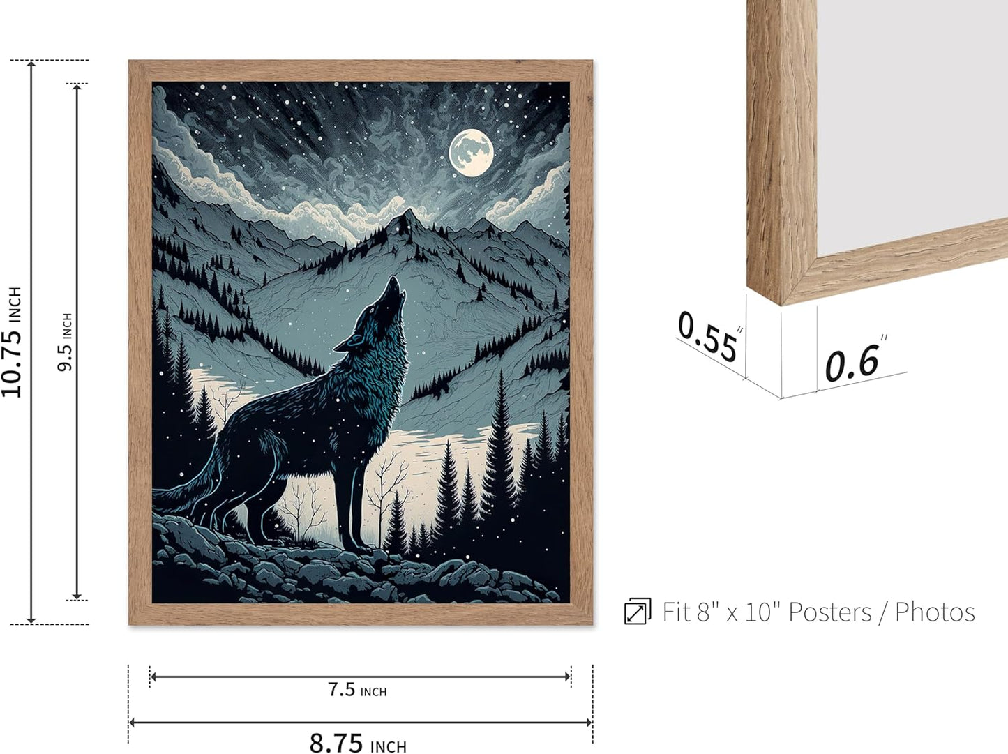 Poster Master Vintage Illustration Poster - Retro Animal Print - Gift for Artist, Friend - Wolf Howling at the Moon, Mountain, Snow, Landscape - Wall Decor for Home, Office, 8x10 Beige Framed