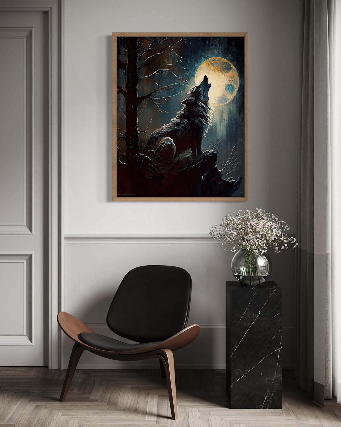 Wolf howling Poster Art Print, Halloween Scary Vintage Wall Art Academia Spooky Painting Decoration for Horror Prints, Gothic Posters Bedroom Decor 89 (Wolf howling, 11 x 14 inches, Wood Frame)
