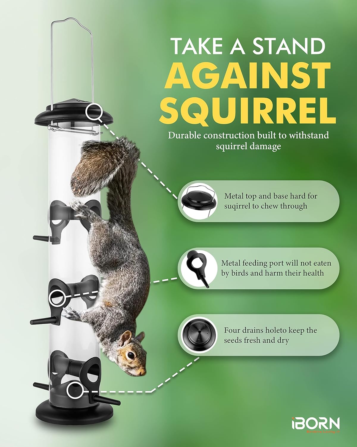 iBorn Metal Bird Feeder Hanging Wild Bird Seed Feeder for Mix Seed Blends Heavy Duty All Metal Black Finish,14 Inch 6 Port,Pack of 2