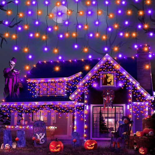 Halloween Lights Outdoor Decorations, 640 LED 66FT Orange and Purple Light, 8 Modes Plug in 120 Drops Ice String Lights with Timer Memory Function Hanging Light for Halloween Party Decor