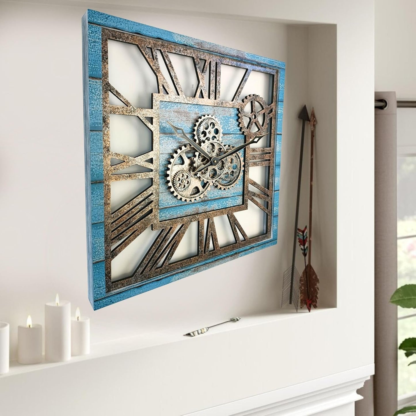 The Gears Clock 24'' Inch Square Real Moving Gear Wall Clock Vintage Industrial Oversized Rustic Farmhouse (Ocean Blue)