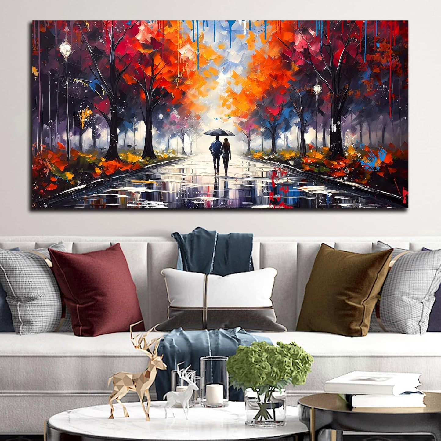 Large Canvas Wall Art for Living Room Bedroom Couple Walking in the Rain Picture Graffiti Red Tree Canvas Prints Framed Home Decor Size 30x60