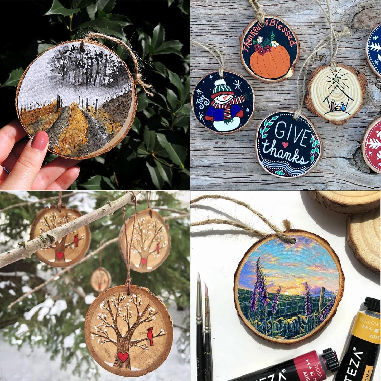 JOIKIT 50PCS 3.5-4 Inches Natural Wood Slices with Pre-drilled Hole, 2/5" Thick Round Ornaments Unfinished Wood Circles Bulk with Bark for Craft Arts, Christmas, DIY Painting, Wedding Decorations