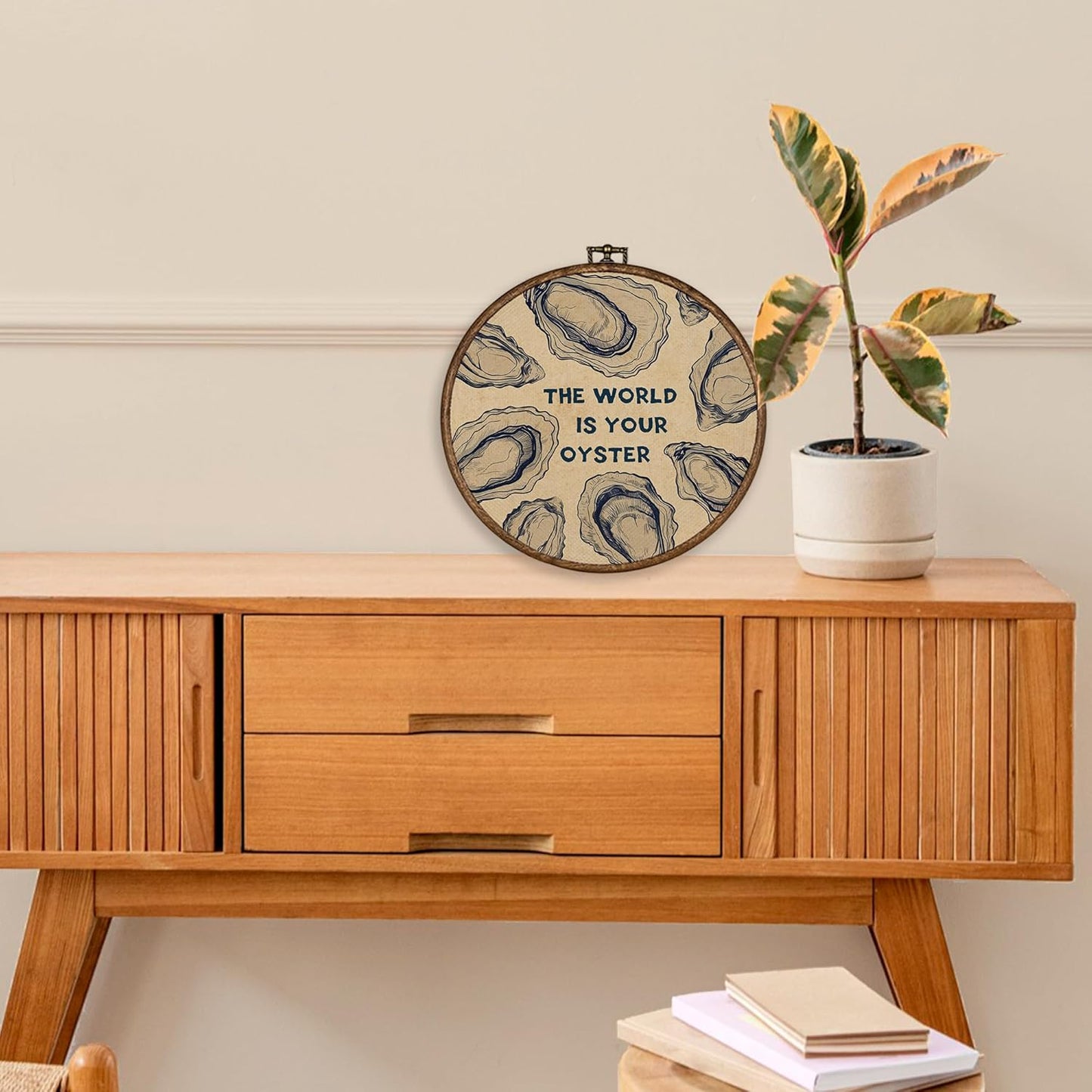 XBBMGG Oyster Wall Art Decor, Coastal Vintage Oyster Shell Round Wall Hanging Decor, Beach Ocean Nautical The World Is Your Oyster Framed Canvas Prints for Living Room Bathroom Decorations, 10x10inch