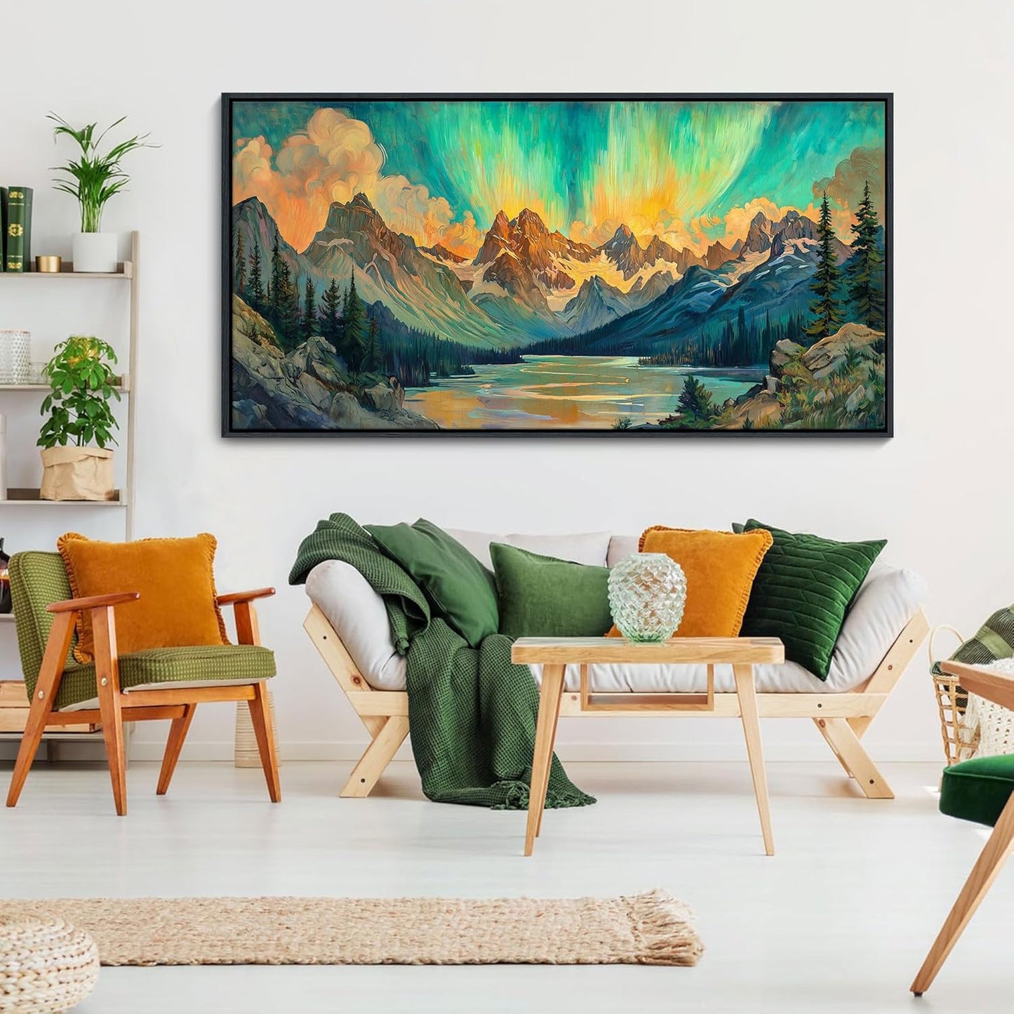 JEAWA Framed Canvas Wall Art - Large Abstract Painting Decor, Textured Mountain Lake Tree Polar Lights Pictures, Modern Art Prints for Bedroom Living Room Bathroom Home Decoration, 29x58 IN