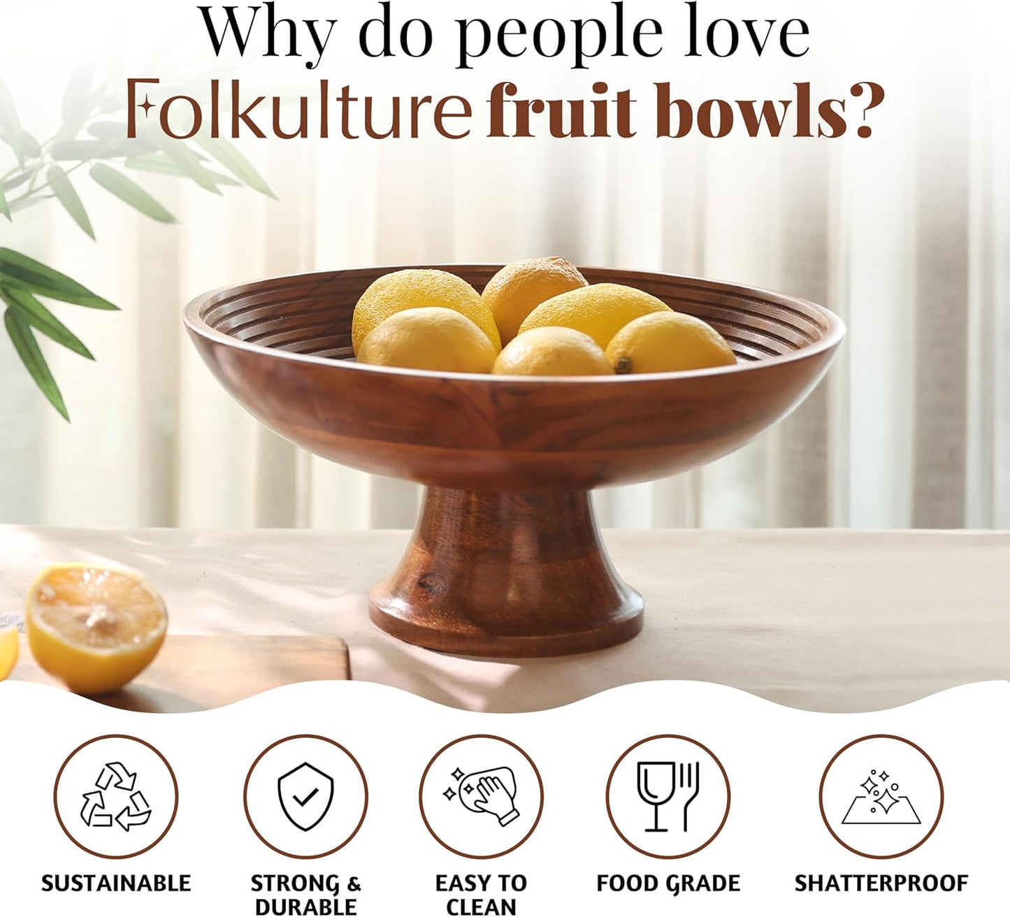 Folkulture Wooden Fruit Bowl for Kitchen Counter | 12" Large Premium Eco Friendly Banana Fruit Basket for Kitchen | Acacia Wood Bowl with Holder, Pedestal for Table Decor, Centerpiece for Dining Table