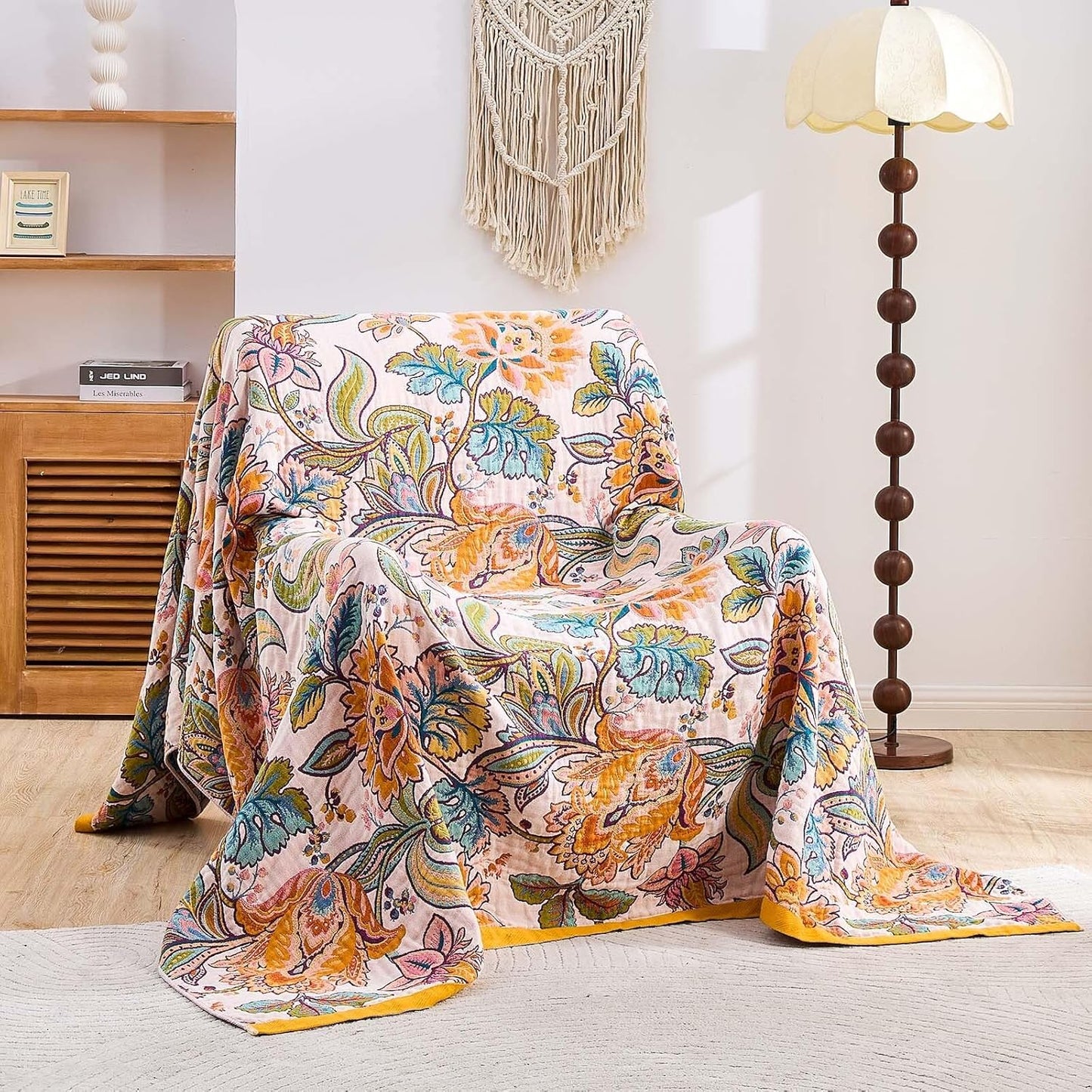 Boho Throw Blanket for Bed, 100% Cotton Soft Rustic Quilt Fall Blanket, 60"x80" Floral Printed Farmhouse Decor Bed Blankets, All Season Rustic Reversible Bohemian Throw Quilt