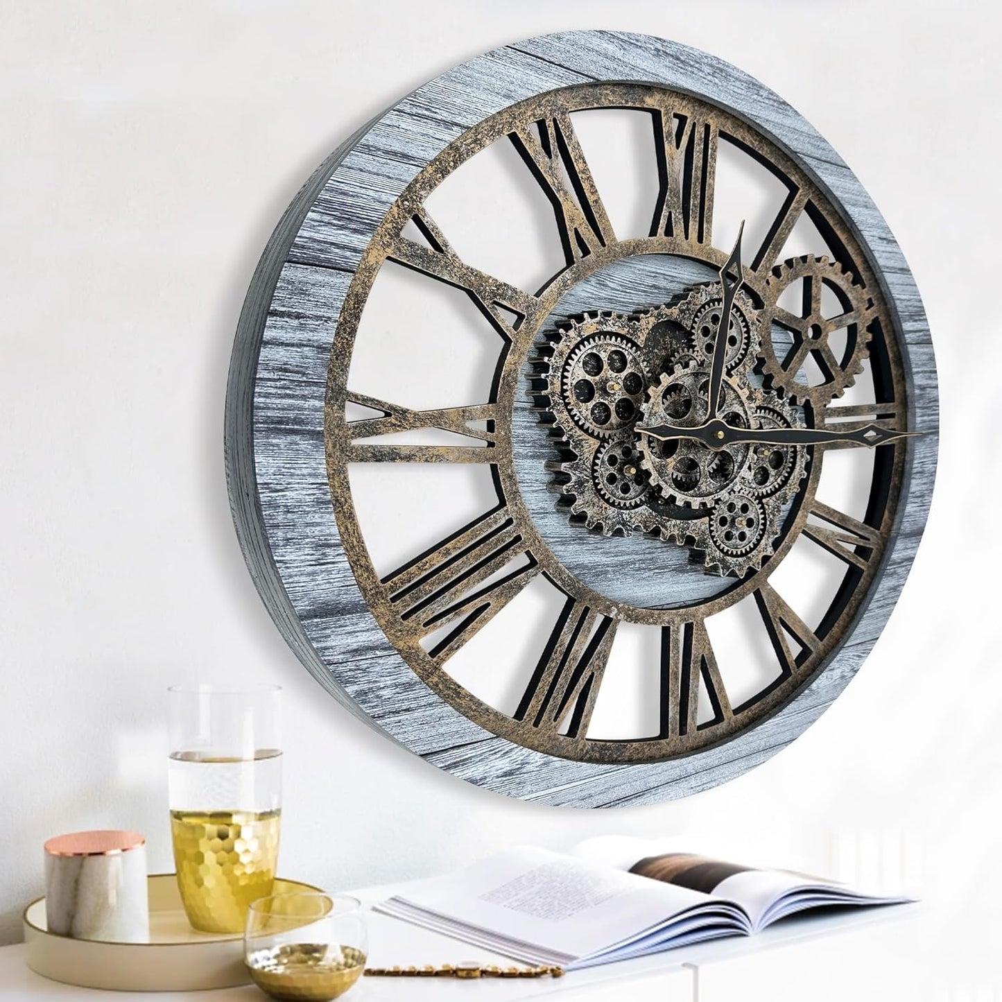 HOIBAI Large Wall Clock, Wall Clocks for Living Room Decor Farmhouse Vintage Rustic Kitchen Wall Decor Vintage Roman Big Oversized Wall Clock for Home Bedroom House Office, Moving Gears Clock