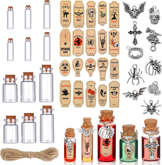 Newtay 53 Pcs Halloween Mini Potion Bottles Set Including 12 Decorative Glass Bottles with Cork Stoppers 20 Creepy Apothecary Bottle Labels Stickers 20 Charms Pendants 1 String (5/6/7/12 ML,Stylish)