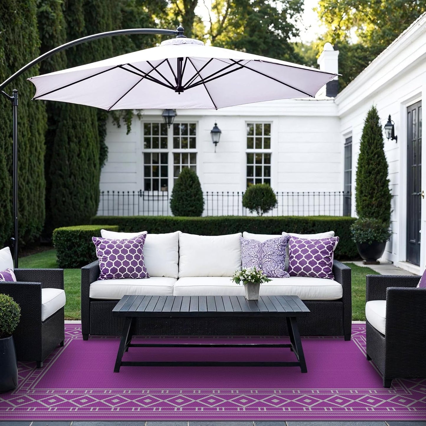 GENIMO Outdoor Rug Waterproof 6'x9' for Patio, Foldable Reversible Plastic Straw Carpet for Travel Trailers, Outside Area Mat for Rv, Deck, Picnic, Porch, Camper, Balcony, Beach, Purple & Grey