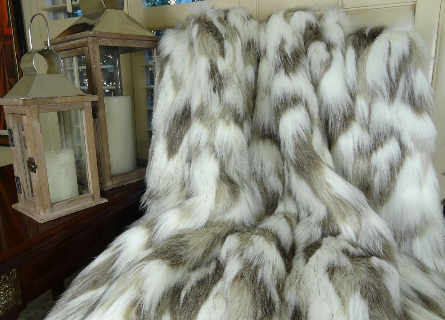 Ivory Beige Luxury Faux Fur Throw Blanket - Tibet Fox Fur - 96W x 110L Bedspread