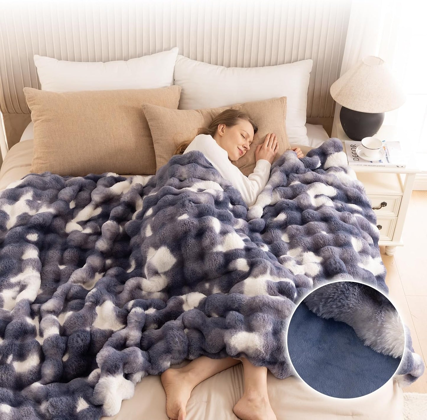 Cozy Faux Fur Throw Blanket for Bed-Warm Fuzzy Throw Blanket, Soft Plush Thick Bubble Blankets for Bedroom and Living Room, Furry Luxury Blanket, 90 x 108,Tie-Dye Blue