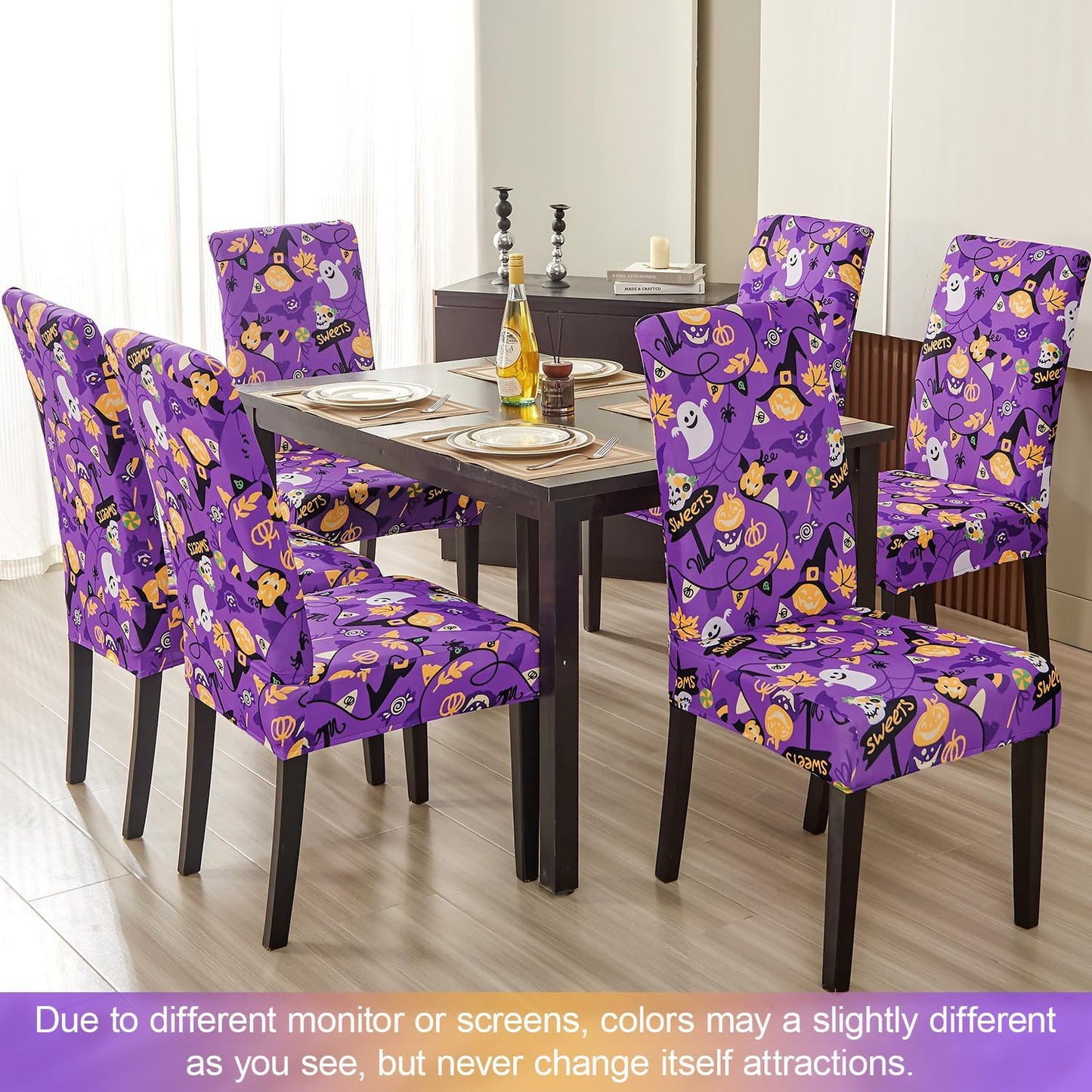 JQinHome Purple Halloween Chair Slipcover, Spider Web Chair Covers Set of 4, High Stretch Washable Chair Protector Cover for Dining Room, Kitchen,Home Party,Wedding Ceremony(Purple Candy,4PC)
