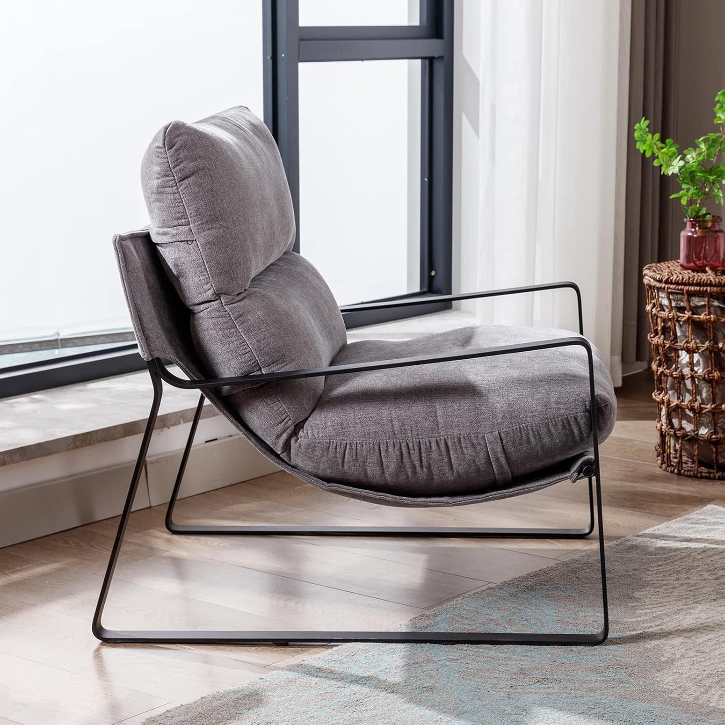 DUOMAY Modern Accent Arm Chair, Comfy Linen Lounge Lazy Chair with Metal Leg, Mid-Century Corner Chair for Living Room Bedroom Office Apartment, Grey