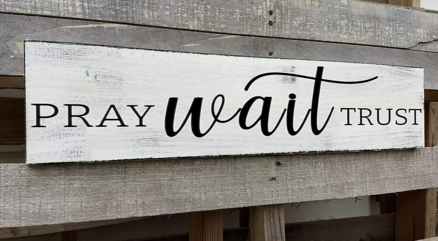 Pray Wait Trust Sign, Farmhouse Christian Wall Art, Religious Home Decorations Faith Wall Decor (Pray) 4x16 Inch